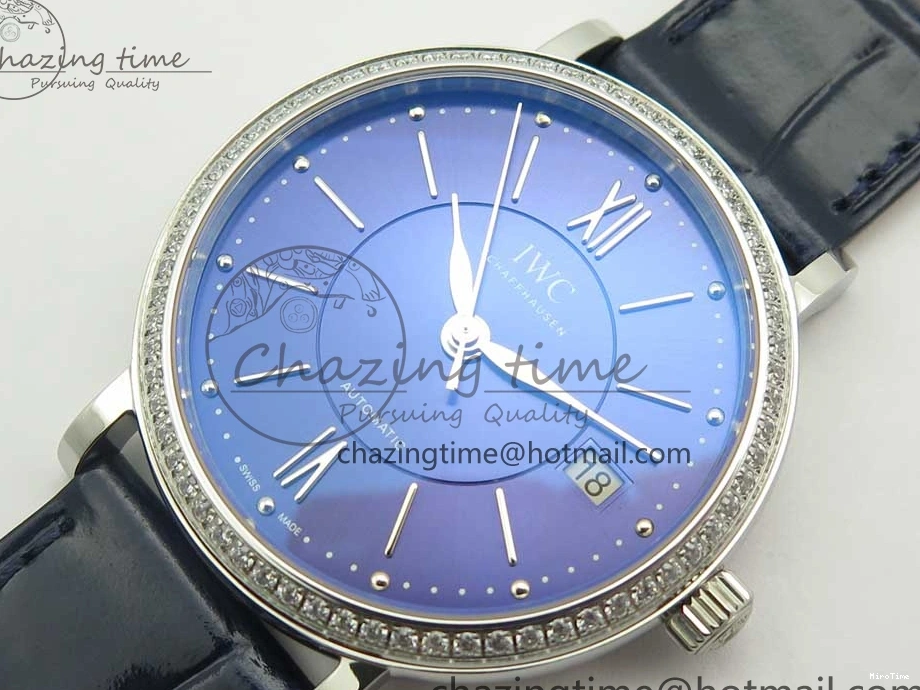 MIROTIME 1224 Fashionable Portofino IW458101 Diamond Bezel SS MK 1:1 Best Edition Blue Dial On Blue Leather Strap MIYOTA 7169